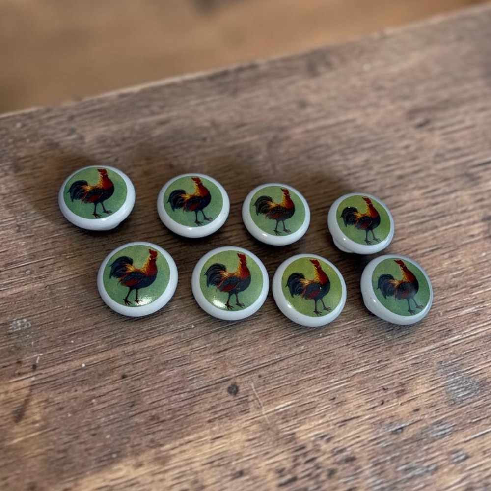 Vtg Set Of 8 Rooster Ceramic Cabinet Knobs 1" Round No Screws